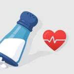 A shaker sprinkling salt crystals near a simple heart and pulse line icon, clean flat style, no people, no text