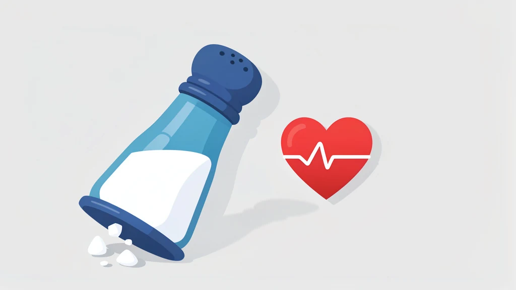 A shaker sprinkling salt crystals near a simple heart and pulse line icon, clean flat style, no people, no text