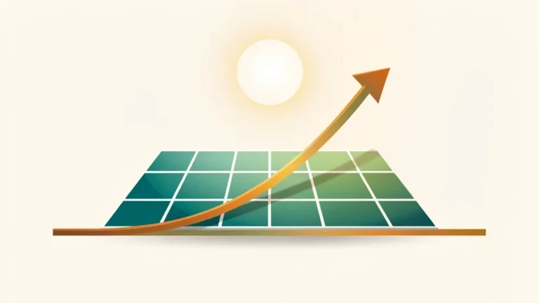 Rooftop solar panels under bright sun with a rising savings line meeting a system cost line, clean concept, no people, no text