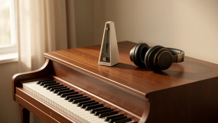 Metronome and headphones on top of a piano