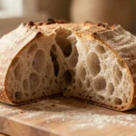 A cut loaf of sourdough bread showing an open airy crumb, resting on a wooden board