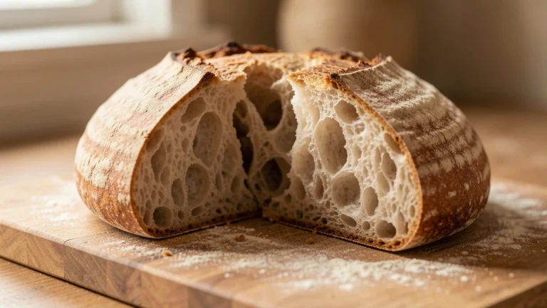 A cut loaf of sourdough bread showing an open airy crumb, resting on a wooden board