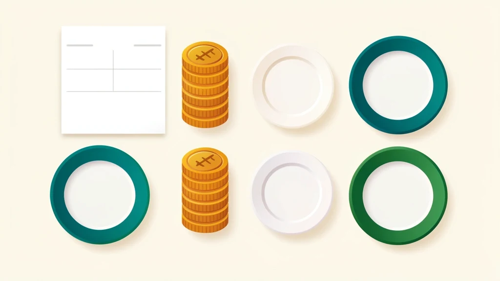 A restaurant receipt beside stacked coins and four equal place settings, showing a bill divided into equal shares, no text