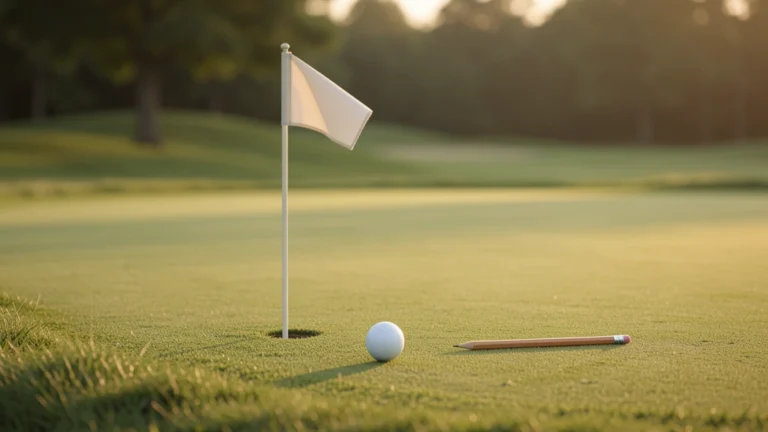 A golf scorecard with pencil resting on a green beside a flagstick and ball, no people present