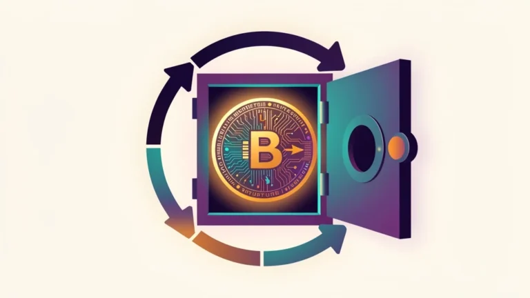 Glowing crypto coin locked in a secure vault with circular reward arrows, abstract proof-of-stake network concept, no text