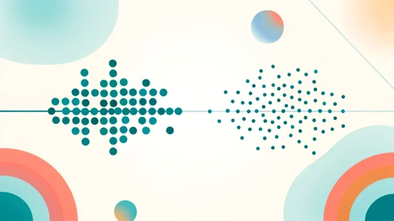 Colorful dot plot of two data sets sharing one mean line, one tightly clustered and one widely spread