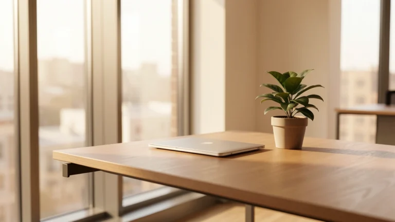 A quiet office desk with a closed laptop and a small plant beside tall windows