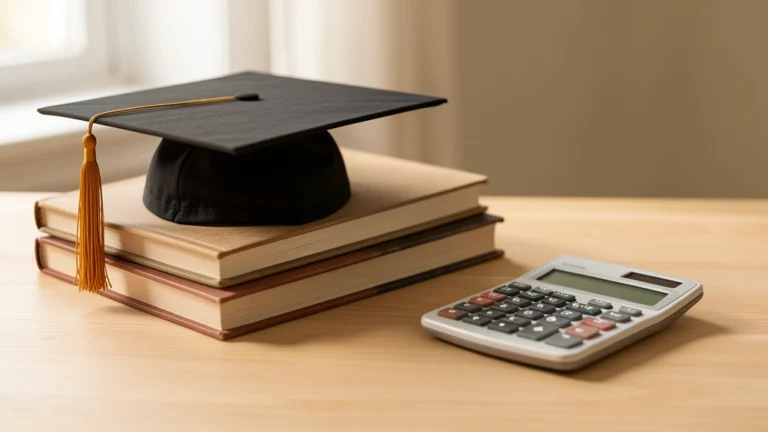 Graduation cap on a stack of textbooks beside a calculator