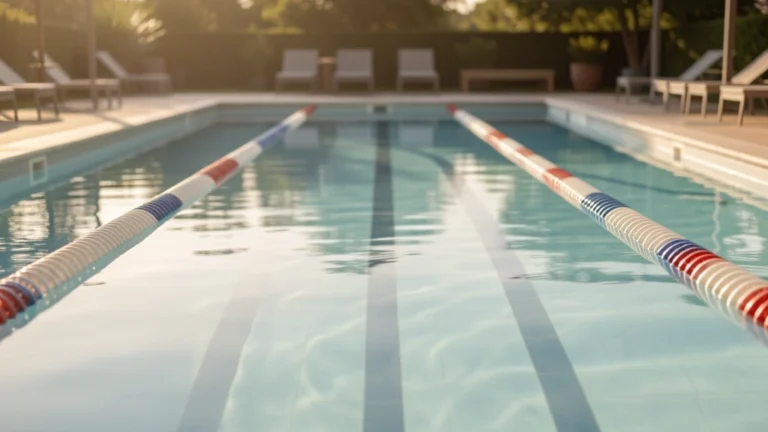 Empty outdoor pool lanes with lane ropes and clear blue water