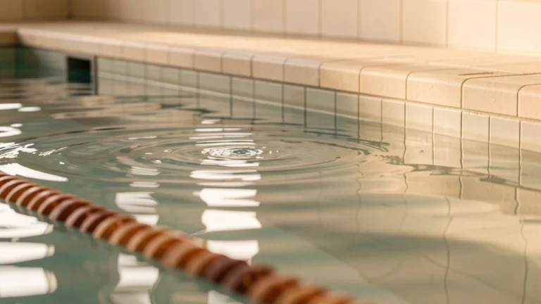 Overhead view of an empty indoor swimming pool lane with lane ropes and a pace clock on the wall