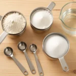 A set of metal measuring spoons and measuring cups arranged by size on a wooden kitchen counter, no people present