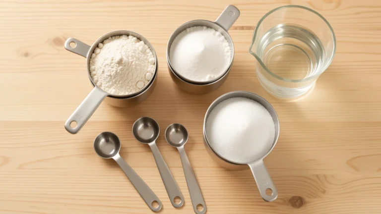 A set of metal measuring spoons and measuring cups arranged by size on a wooden kitchen counter, no people present