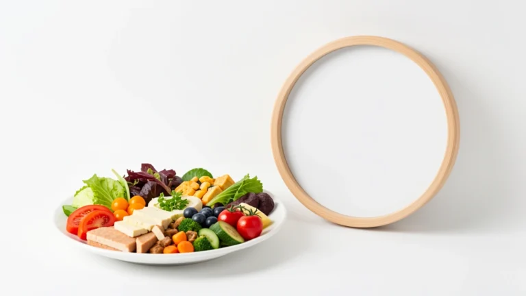 A plate of balanced food beside a clock, representing the concept of daily energy the body uses over a day, no text in image, no real person