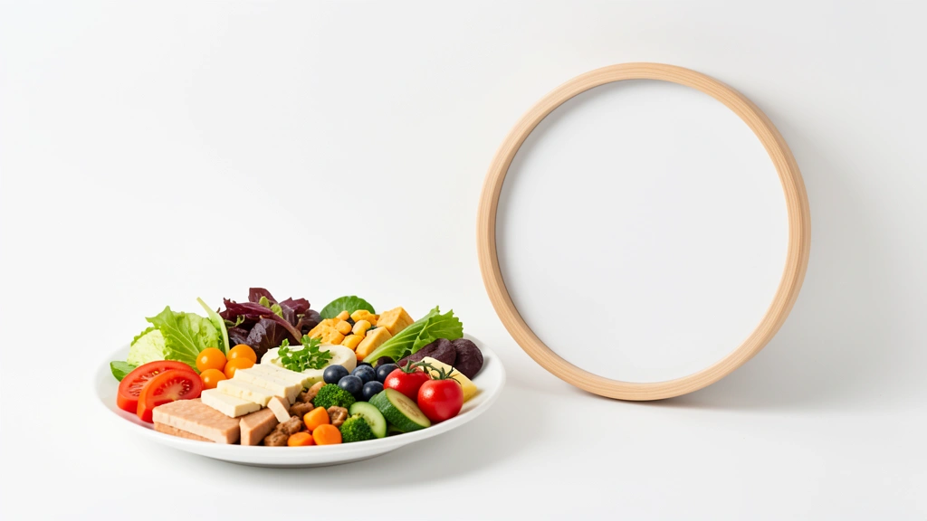 A plate of balanced food beside a clock, representing the concept of daily energy the body uses over a day, no text in image, no real person