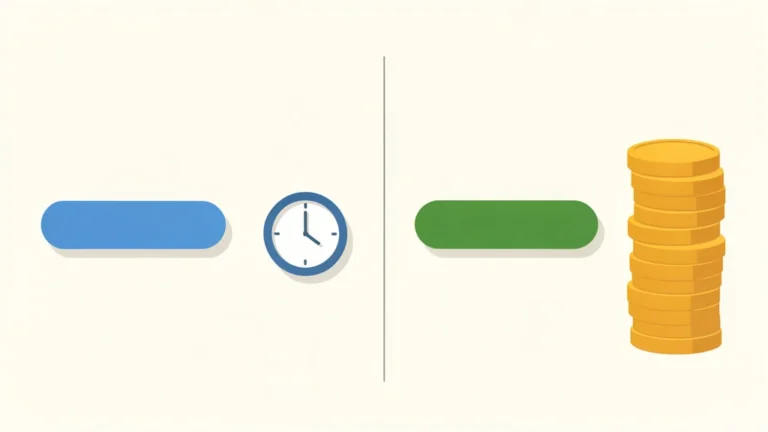 Split illustration contrasting a short fixed-term coverage bar with a lifelong coverage bar and a growing savings coin stack