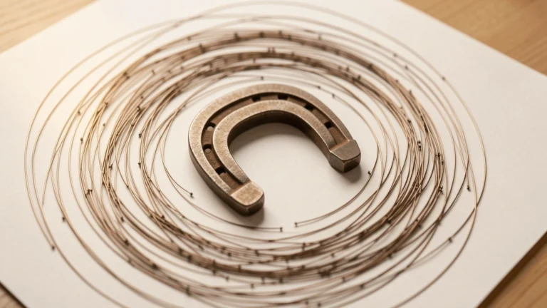 Horseshoe magnet on white paper surrounded by curved lines of iron filings