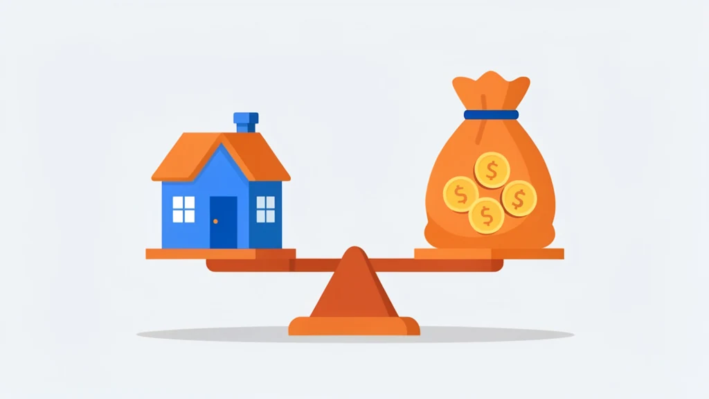 Illustrated house beside a percentage gauge and rising rent bars, showing a rent-to-price screening concept, no people, no text