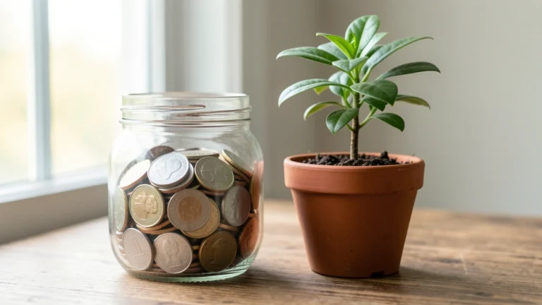 A stack of coins next to a rising investment growth line, showing everyday spending versus long term growth, no text in image, no real person's face