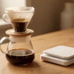 A digital kitchen scale holding a glass of ground coffee next to a kettle pouring water, no text, no numbers, no real person's hands or face