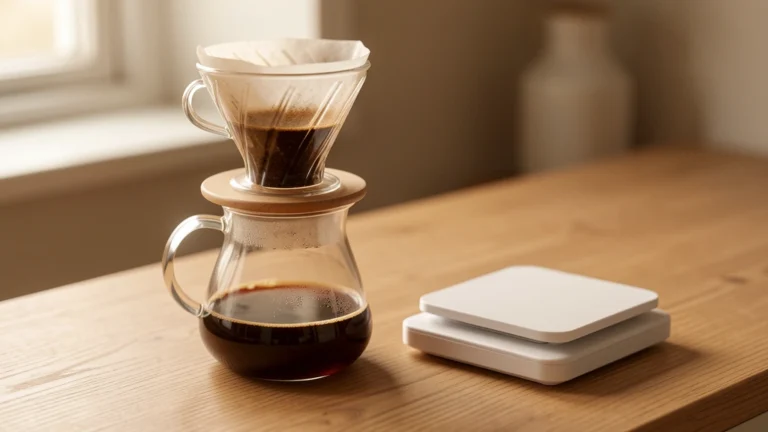 A digital kitchen scale holding a glass of ground coffee next to a kettle pouring water, no text, no numbers, no real person's hands or face