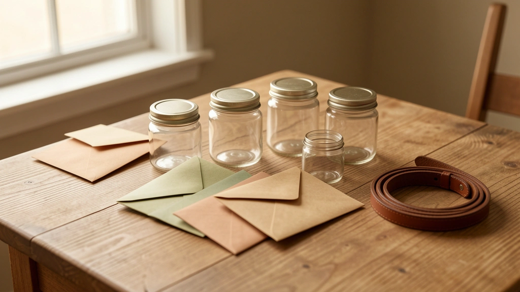 A simple stack of small labeled-by-category envelopes or jars suggesting itemized annual pet costs, plain editorial still-life style, no faces or people, no injured or sick animals, no text, numbers, or currency visible in the image