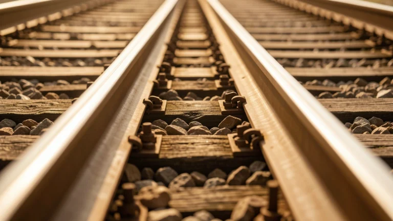 Close view of steel railway rails on wooden sleepers in warm sunlight