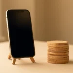 A smartphone screen showing a stylized short-video feed icon beside a small stack of coin icons, flat illustration style, no text, no numbers, no real person's face or hands, no brand logos