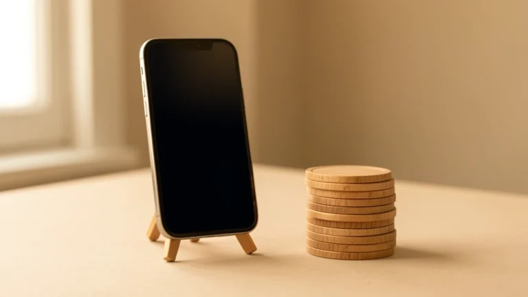 A smartphone screen showing a stylized short-video feed icon beside a small stack of coin icons, flat illustration style, no text, no numbers, no real person's face or hands, no brand logos