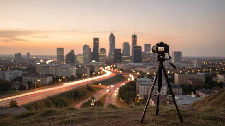 Camera on a tripod facing a city skyline at dusk with traffic light trails