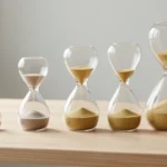A row of hourglasses of increasing size on a light desk, from a tiny one to a large one