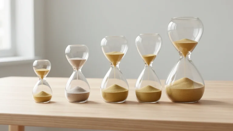 A row of hourglasses of increasing size on a light desk, from a tiny one to a large one