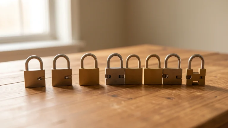 Row of brass padlocks lined up on a wooden table