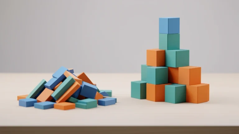 Abstract colored blocks rearranged from a tangled pile into a neat nested tree structure on a clean desk