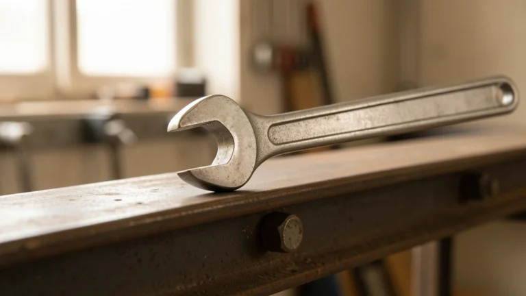 A steel open-end wrench resting on a bolted steel beam in a workshop