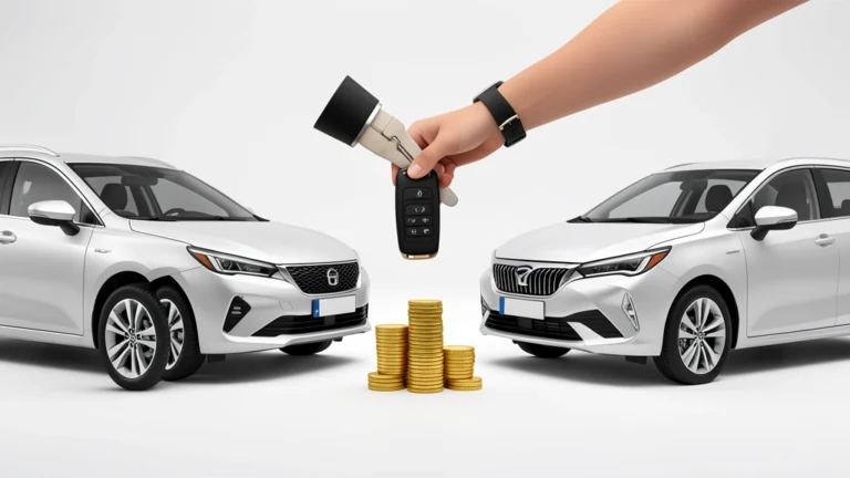 Two cars beside a dealership desk with keys changing hands, representing a car trade-in, no text in image