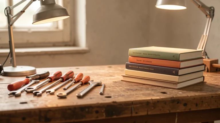 Hand tools and a stack of textbooks on a workshop bench