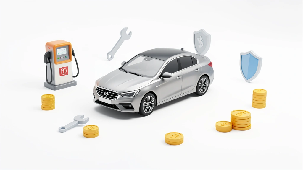 Small car model beside stacks of coins and a fuel pump icon, representing the total cost of owning a car beyond the payment