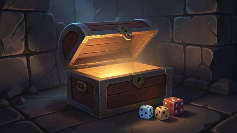 A treasure chest slightly open with a soft glow and a few dice resting beside it, illustrating loot drop odds, no text, no UI overlays, no real game logos or characters