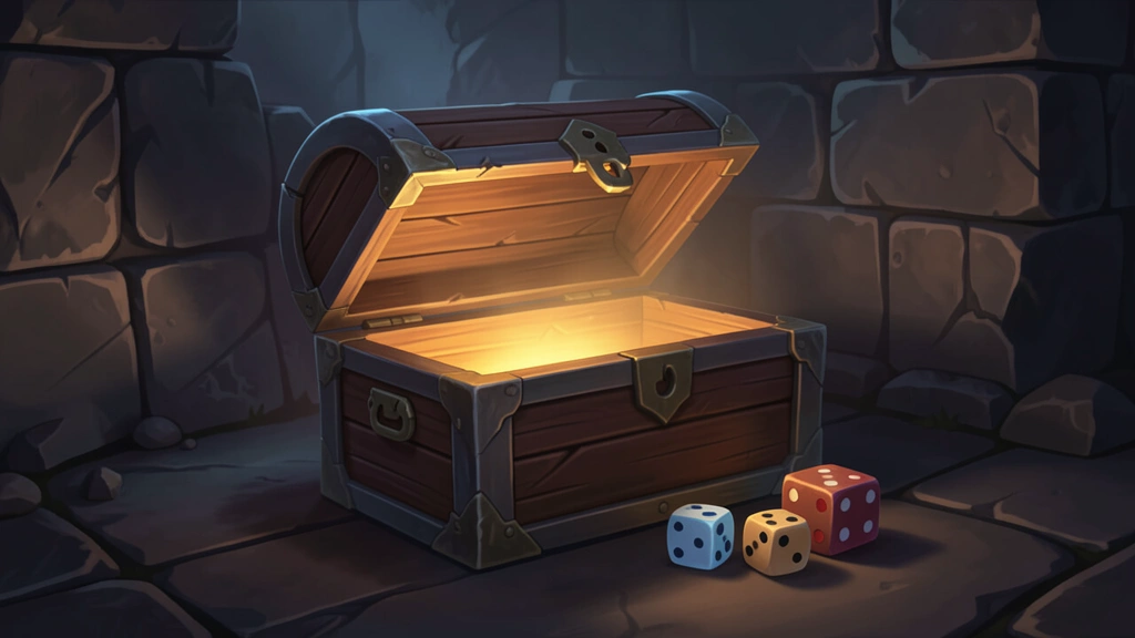 A treasure chest slightly open with a soft glow and a few dice resting beside it, illustrating loot drop odds, no text, no UI overlays, no real game logos or characters