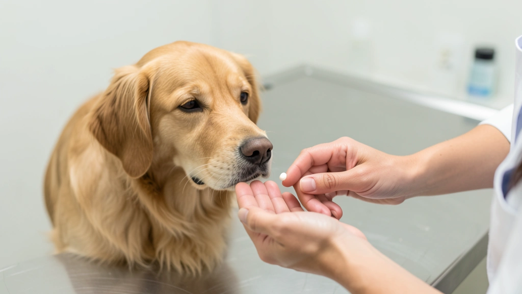 A veterinarian's hand holding a small pill near a dog and cat silhouette with a simple weight scale icon, no text, no real people or brand names