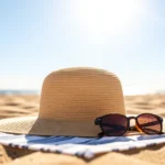 A bright sun high in a clear blue sky above a sandy beach with a wide-brimmed straw hat and sunglasses resting on a towel