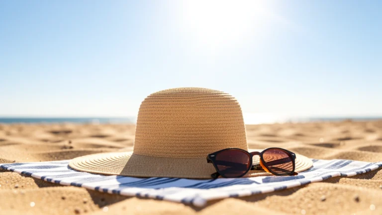 A bright sun high in a clear blue sky above a sandy beach with a wide-brimmed straw hat and sunglasses resting on a towel