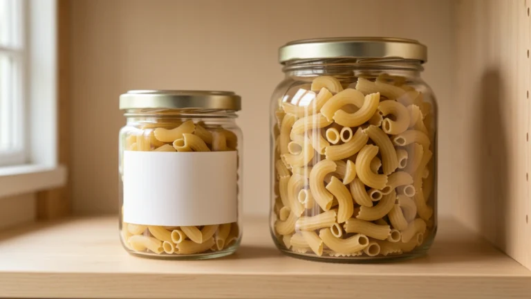 Small and large glass jars of the same dried pasta side by side on a pantry shelf