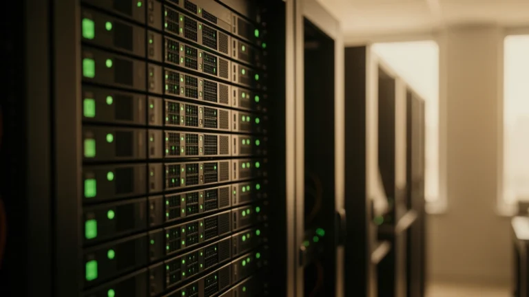 Server racks with rows of green status lights in a dim data room