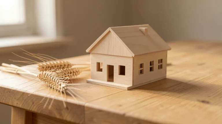 A small pale wood house-shaped block resting in an open grassy field beside a single brass key, no stack of coins or blocks, no text, no real person, soft daylight, photorealistic editorial still life
