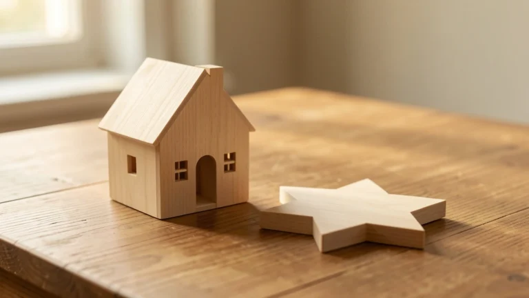 A house-shaped block resting on a single supporting beam instead of a stack of coin-shaped blocks, showing a home purchase supported without a large down payment, no text in image, no real people