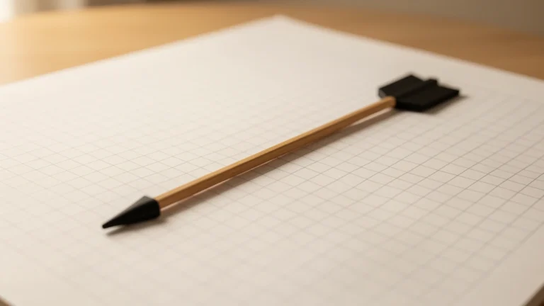 A single wooden arrow lying diagonally across blank grid paper