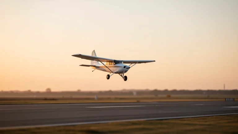 Small propeller airplane descending toward a runway at sunset