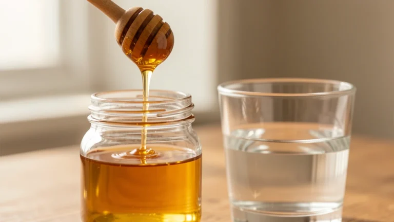 Honey dripping from a wooden dipper into a jar beside a glass of water