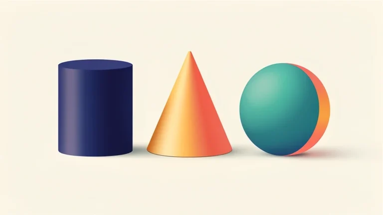 Colorful 3D cylinder, cone, and sphere side by side on a clean surface, each a smooth solid, no text